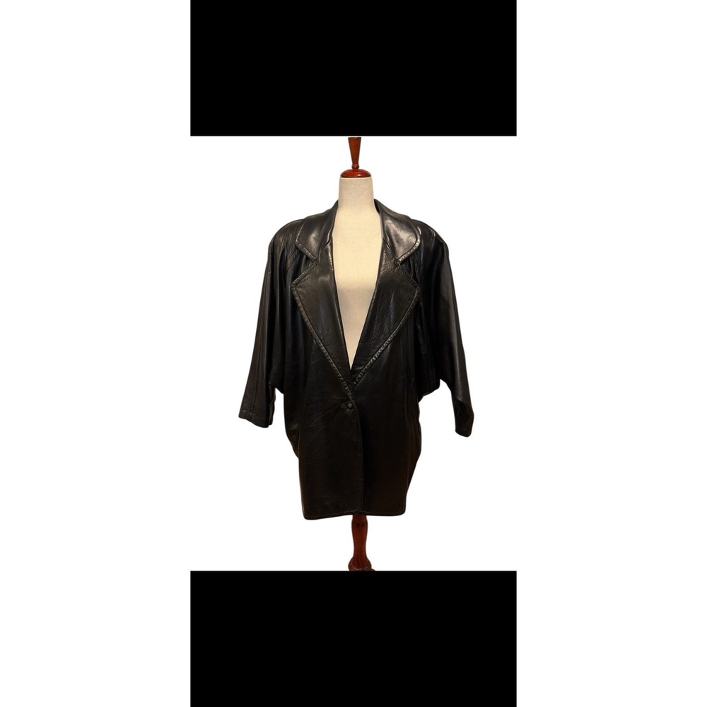 Vakko Black Leather Dolman Sleeve Dress Coat‎ Women's large